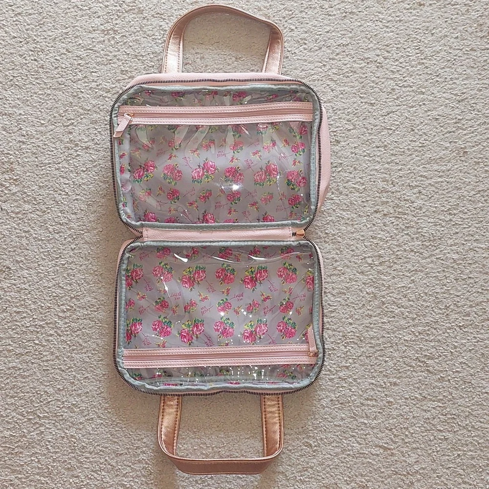 Betsey Johnson Pink Rose Gold Floral Bow Travel Cosmetic Bag